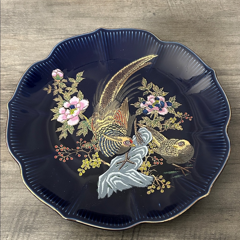 Vintage Japanese Cobalt Blue decorative plate Birds Pheasant Art